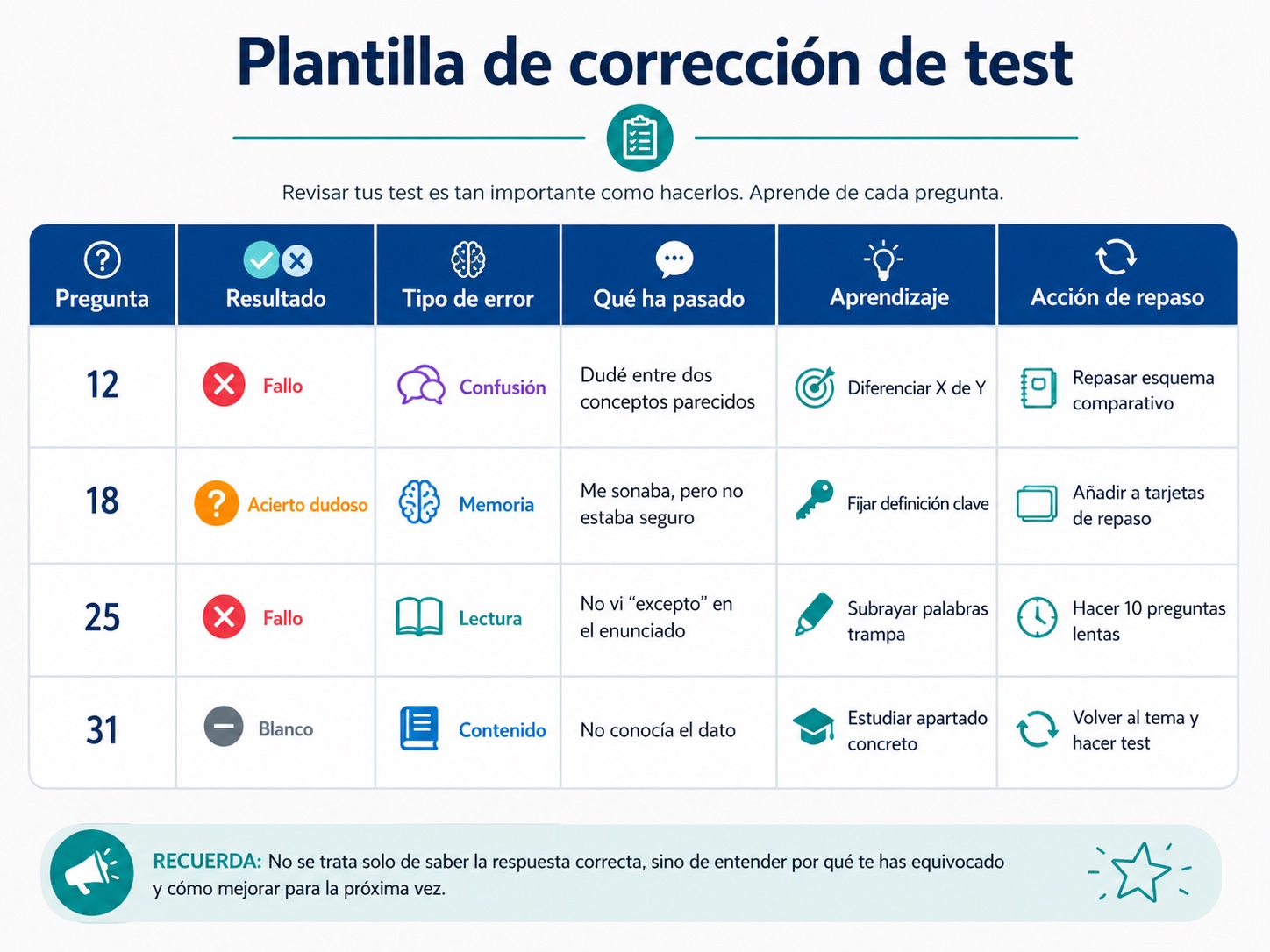 Plantilla para corregir errores en un test de oposicion