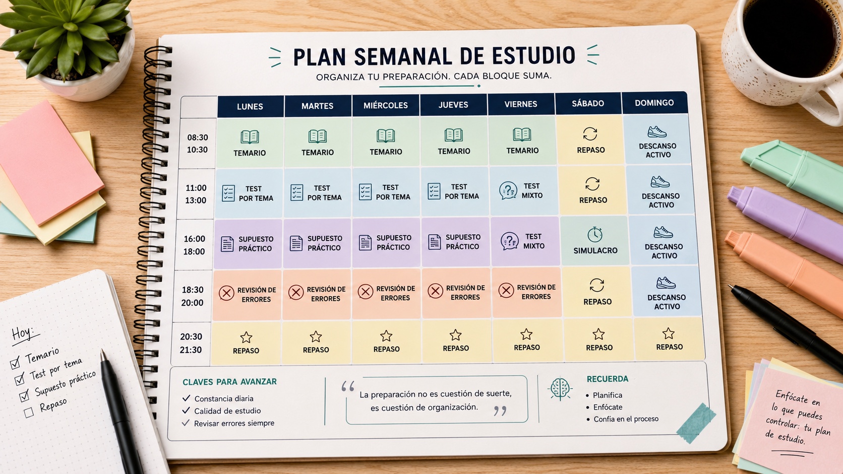 Planificacion semanal para combinar temario, test, supuestos y simulacros en una oposicion