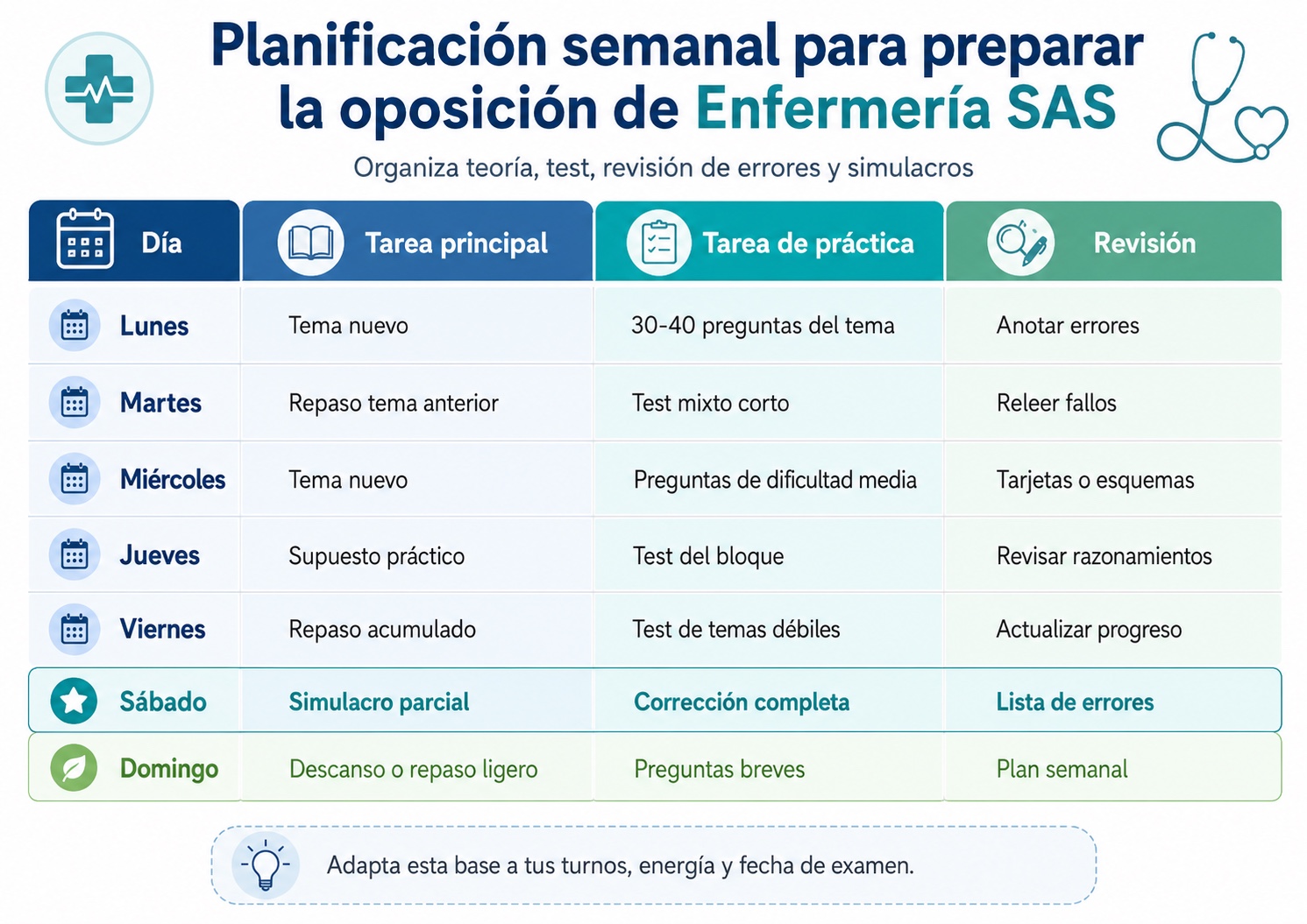 Planificacion semanal para preparar la oposicion de Enfermeria SAS