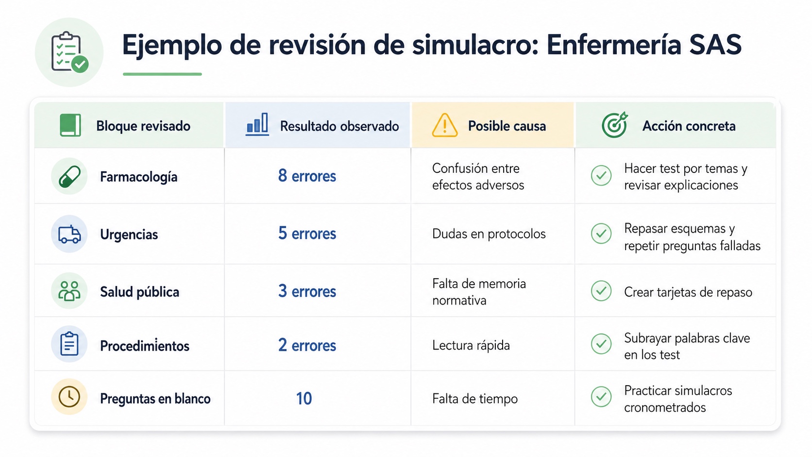 Tabla de revision de errores de un simulacro de Enfermeria SAS