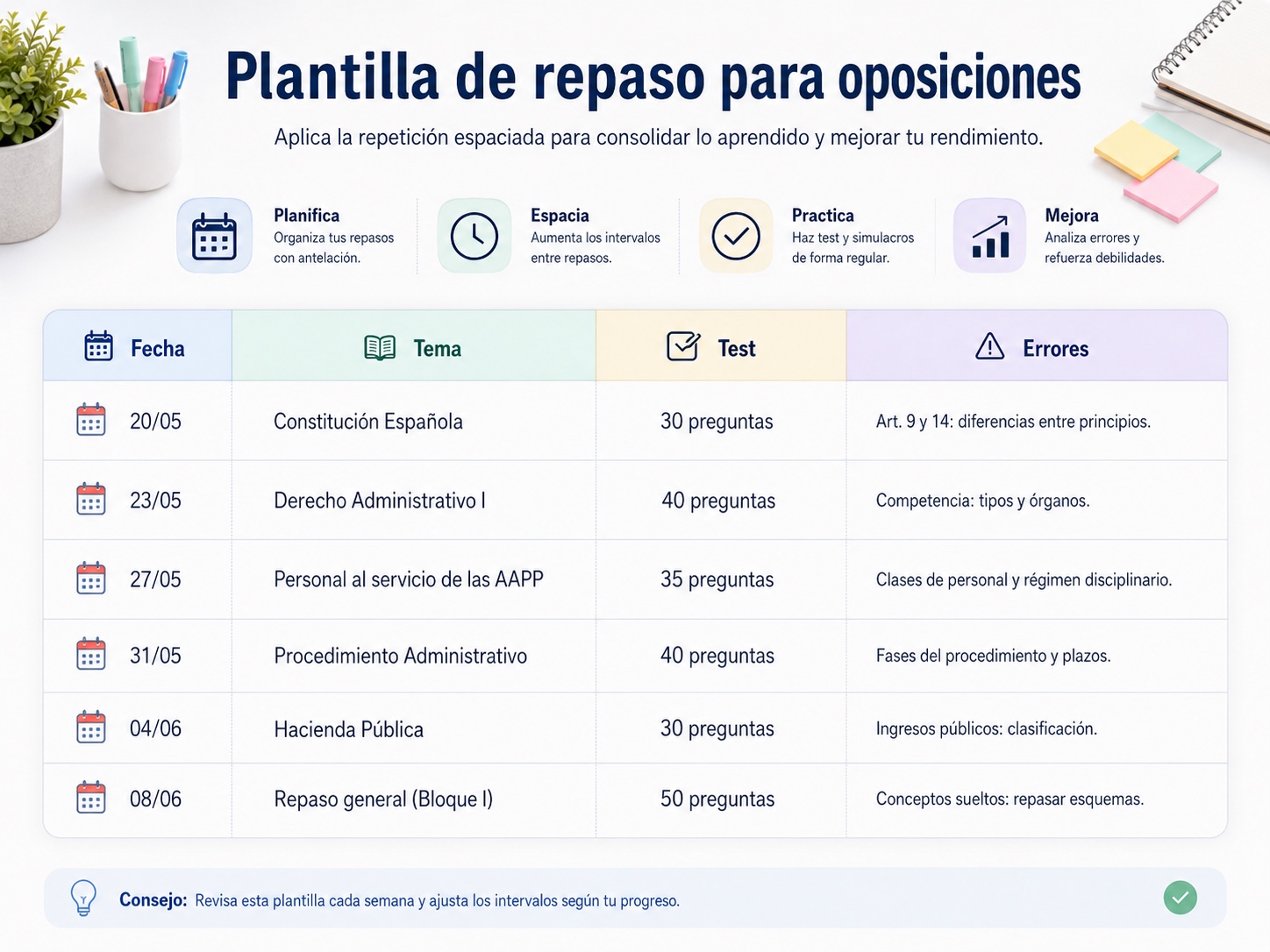 Plantilla de repeticion espaciada para opositores con calendario de repasos